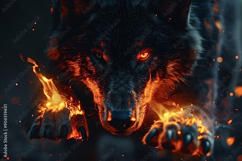 Dark wolf with glowing eyes emerging from fire and smoke Dark wolf with glowing eyes emerging from fire and smoke