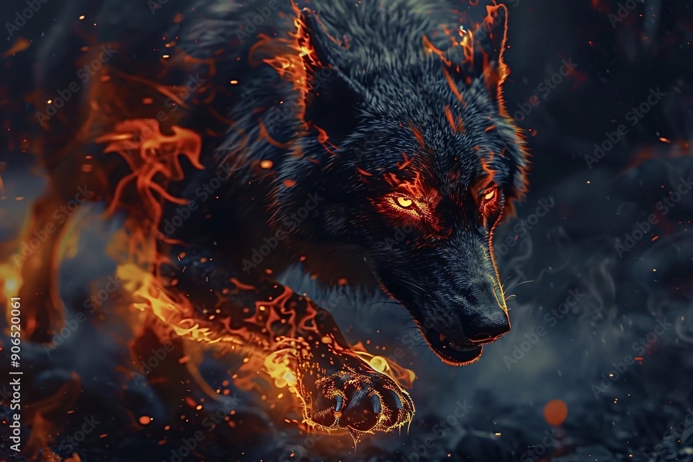 Fierce black wolf surrounded by fire with intense eyes Fierce black wolf surrounded by fire with intense eyes
