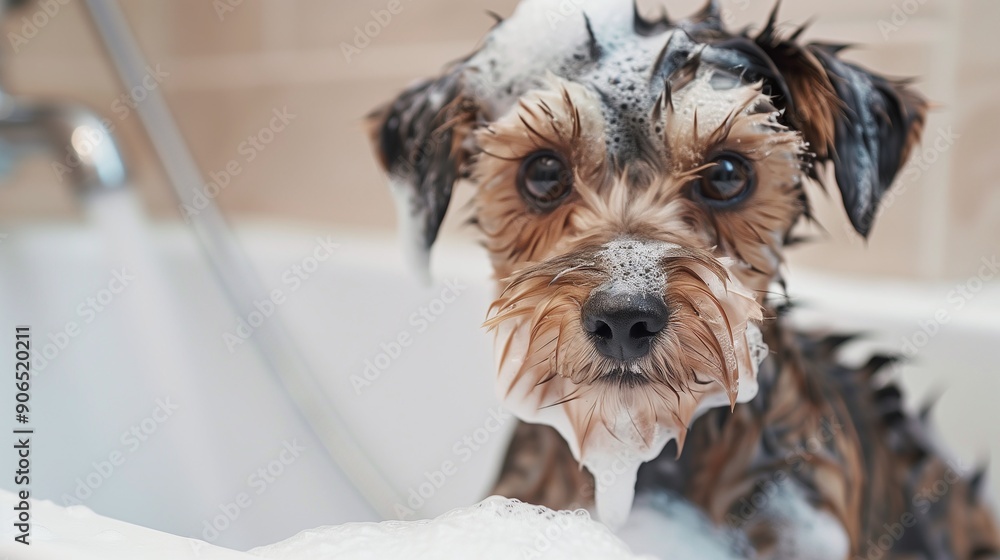 Small dog taking a bath with soap suds on its head, a cute and endearing moment, emphasizing cleanliness and pet grooming Small dog taking a bath with soap suds on its head, a cute and endearing moment, emphasizing cleanliness and pet grooming