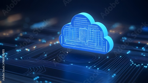Digital cloud computing technology concept with glowing cloud symbol on a circuit board representing data storage and internet innovation.
