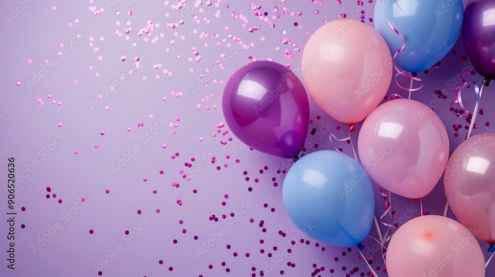 Purple background, pink, purple and blue balloons, confetti, copy space for text Purple background, pink, purple and blue balloons, confetti, copy space for text