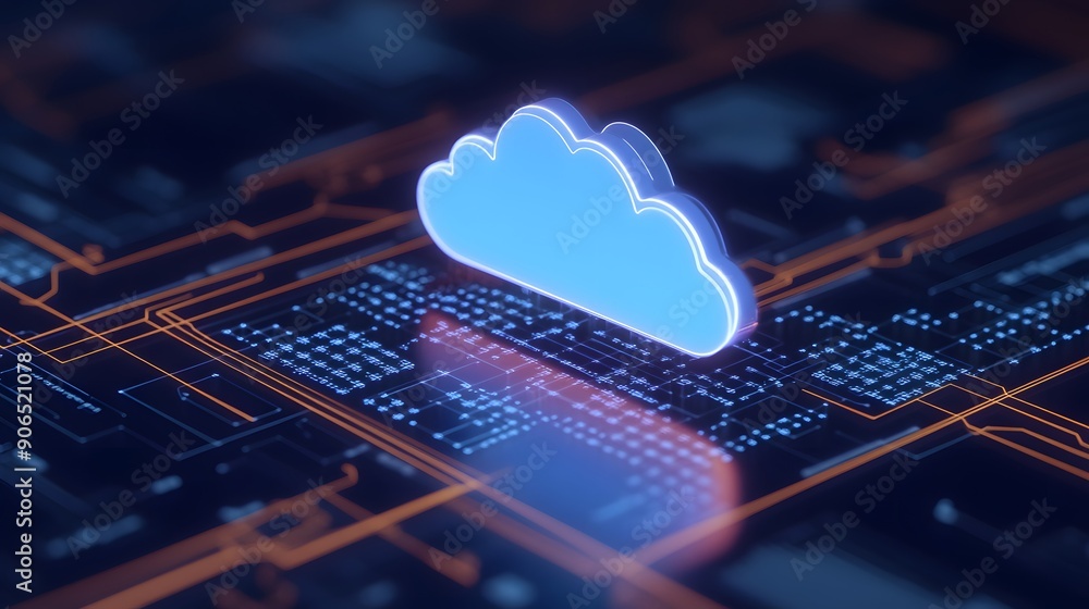 Digital cloud storage concept, depicting futuristic technology and data processing on a circuit board illustration. Digital cloud storage concept, depicting futuristic technology and data processing on a circuit board illustration.