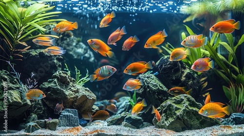 A fish tank filled with clear water, vibrant, healthy fish swimming around The sandy bottom of the tank looks clean and well maintained, with a few decorative plants. Generative AI.