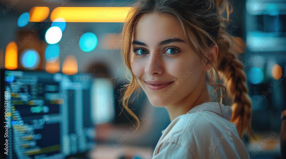 Female IT technician in front of a computer working, work environment, happy in her position. Generative AI. Female IT technician in front of a computer working, work environment, happy in her position. Generative AI.
