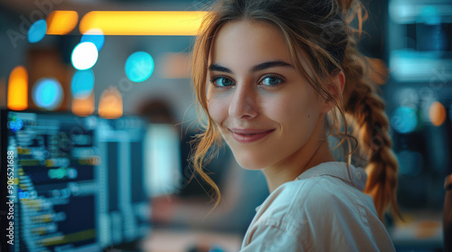Female IT technician in front of a computer working, work environment, happy in her position. Generative AI.