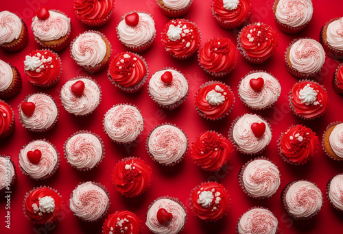 Top view of a cupcake on a red background