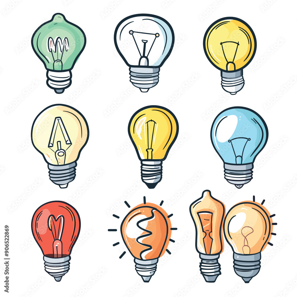 Nine colorful light bulbs illustrated various shapes designs, cartoon style, creativity concept, bulb unique, depicting innovation, idea generation, inventive concepts. Artistic lightbulb Nine colorful light bulbs illustrated various shapes designs, cartoon style, creativity concept, bulb unique, depicting innovation, idea generation, inventive concepts. Artistic lightbulb