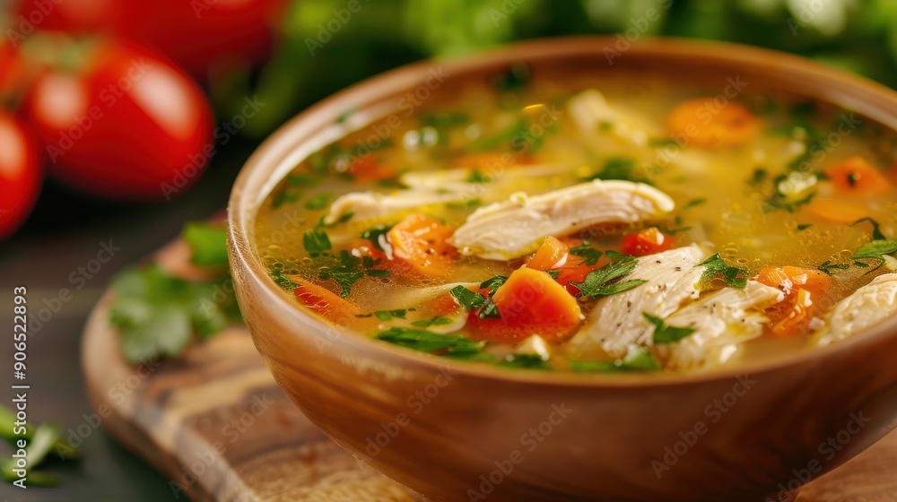 A delicious bowl of homemade chicken soup filled with fresh vegetables and herbs, perfect for a comforting meal. A delicious bowl of homemade chicken soup filled with fresh vegetables and herbs, perfect for a comforting meal.