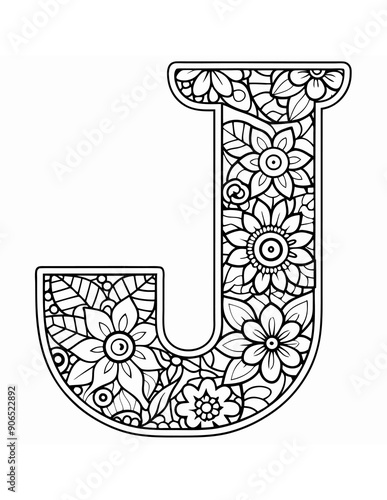 coloring page with a capital letter j with plants inside photo