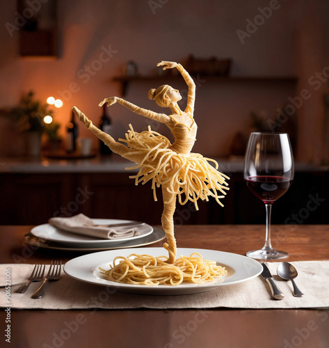 single human-like ballerina made of tossed flat noodles dancing on a plate1