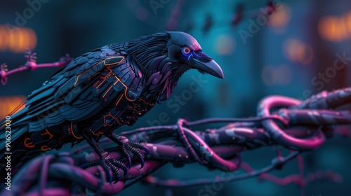 A futuristic raven perched on a twisted branch, showcasing intricate metallic details against a vibrant neon background.