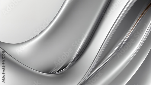 Futuristic abstract background with liquid metal texture and glossy silver and platinum swirls in 3D pattern, featuring undulating wavy lines and a seamless gradient of white and gray hues