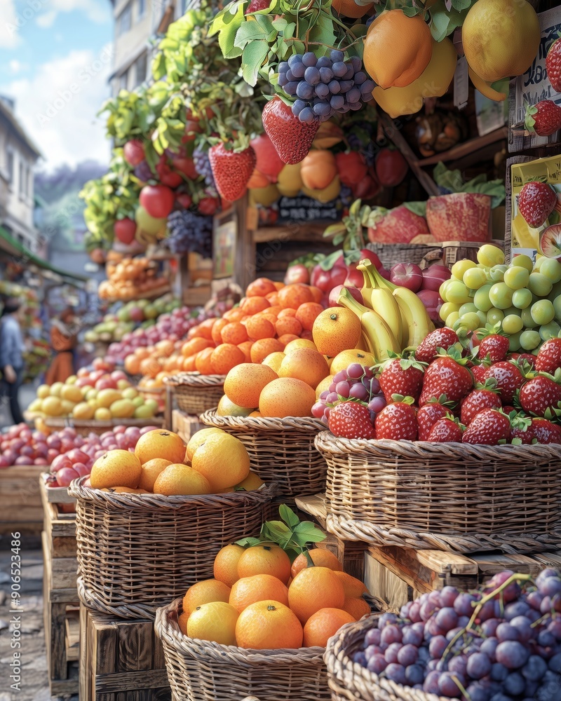 Vibrant Display of Fresh Fruits at Market Stall - Vertical Vibrant Display of Fresh Fruits at Market Stall - Vertical