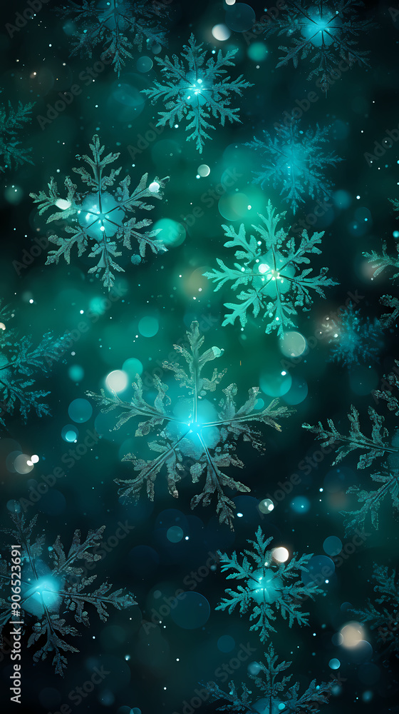 Fototapeta premium Digital green snowflake glitter pattern abstract poster background