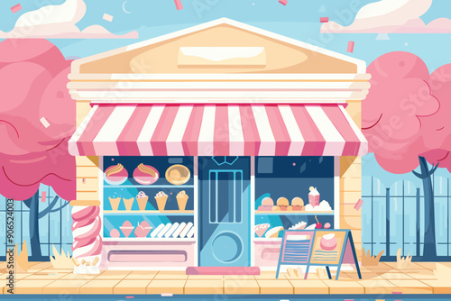 Charming bakery shop front cartoon style, pink white striped awning. Delicious pastries displayed window, cute pink candy cane decoration bakery exterior. Quaint smalltown colorful illustration