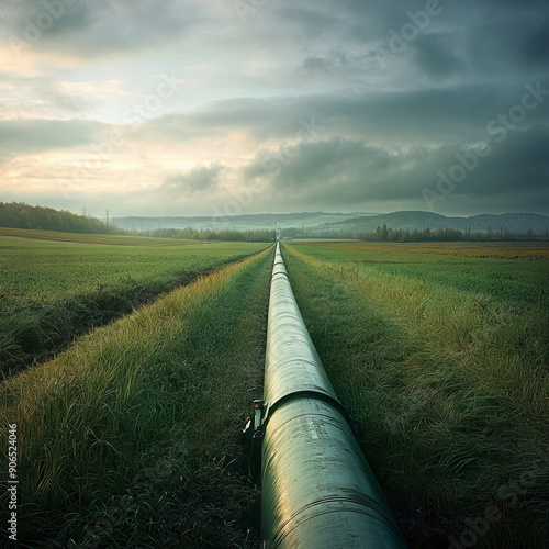 Gas pipeline crosses a green field, delivering gas to far-off areas. photo