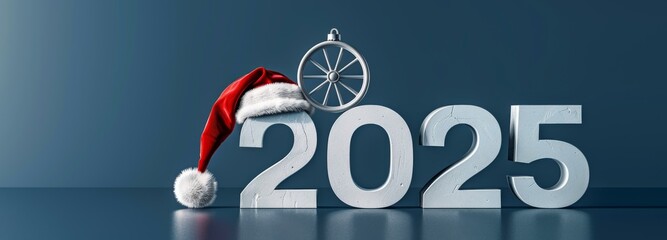 Festive 2025 holiday scene with Santa hat and car wheel decoration on a dark background