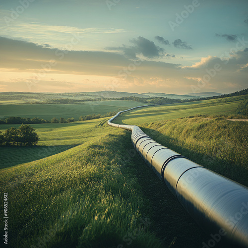 Gas pipeline crosses a green field, delivering gas to far-off areas. photo