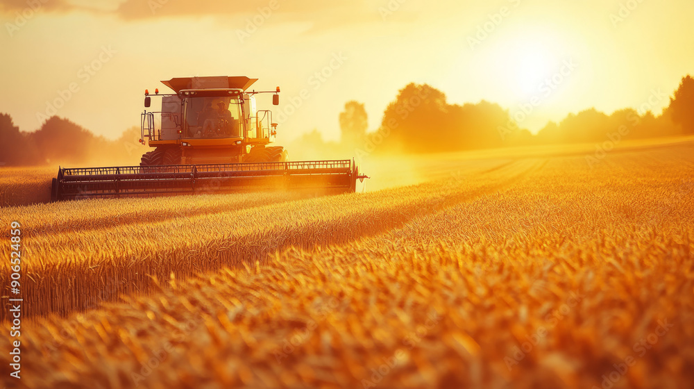 Fototapeta premium In the golden glow of sunset, a combine harvester glided through the field, its blades humming as it harvested the ripe wheat. The harvested crop cascaded into a tractor nearby, ready for transport.