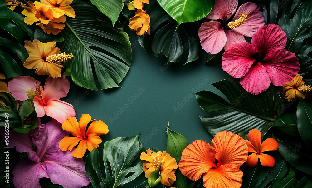 Tropical Paradise: Exotic Flowers Encircling a Blank Space for Messages. Bright and vivid blossoms bring a sense of adventure and warmth, perfect for vibrant notes. Tropical Paradise: Exotic Flowers Encircling a Blank Space for Messages. Bright and vivid blossoms bring a sense of adventure and warmth, perfect for vibrant notes.