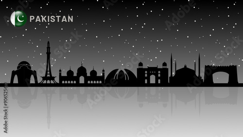 pakistan skyline, Pakistan cityscape, Pakistan skyscraper buildings vector silhouette on beautiful snow falling night view background . vector illustrator
