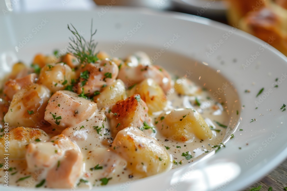 Baked gnocchi with chicken in a creamy sauce on a white plate, Italian, pasta, potato, dumplings, baked, chicken Baked gnocchi with chicken in a creamy sauce on a white plate, Italian, pasta, potato, dumplings, baked, chicken