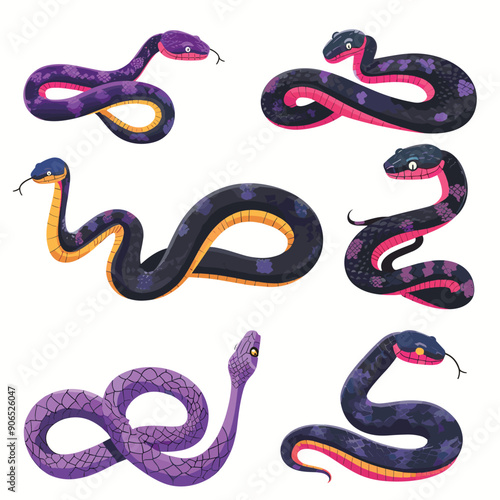 Collection colorful snakes various poses patterns. Cartoon style serpents, purple, black, yellow pink colors prominent. Graphic set stylized snakes, ideal childrens book illustration photo