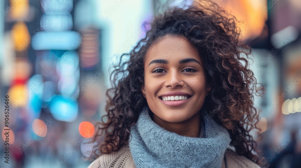 Joyful Young Multiracial Woman Enjoying Winter Day in Busy Urban Setting. Generative ai. Joyful Young Multiracial Woman Enjoying Winter Day in Busy Urban Setting. Generative ai.