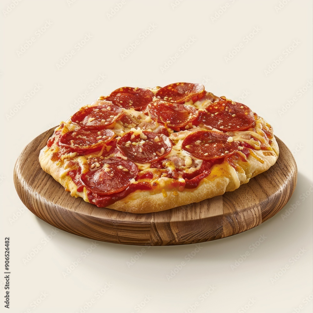 Medium shot of a sliced Italian pizza with pepperoni and cheese, isolated on a solid light pastel white background Medium shot of a sliced Italian pizza with pepperoni and cheese, isolated on a solid light pastel white background
