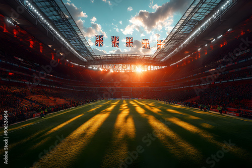 Spectators in a sports stadium with English and Dutch flags flying.