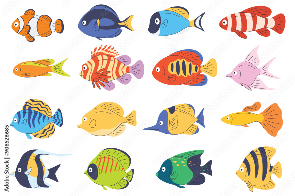Naklejka premium Set of exotic fish. Sea colored animals. Beautiful aquarium fish. Vector illustration