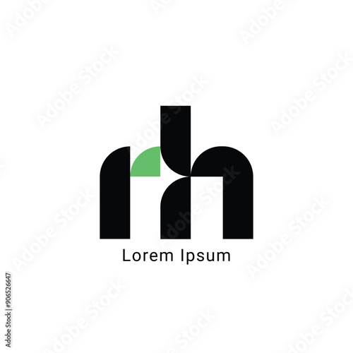RH Minimalist Logo Design,  Letter RH, RH ,  Black and Green Color Abstract letter icon RH logo. R H,