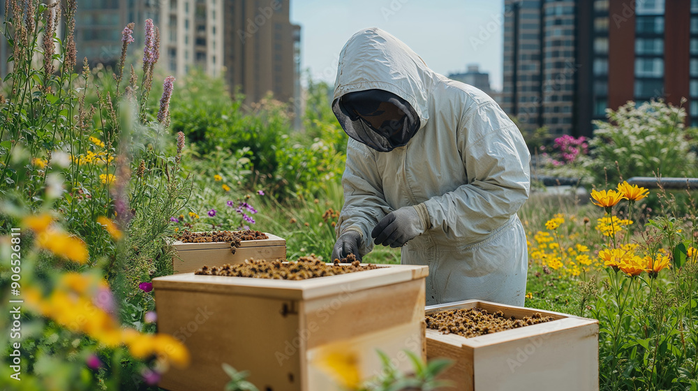 A beekeeper, clad in protective clothing, inspects and manages beehive boxes on an urban rooftop garden, brimming with vibrant flowers and skyscrapers in the background. A beekeeper, clad in protective clothing, inspects and manages beehive boxes on an urban rooftop garden, brimming with vibrant flowers and skyscrapers in the background.