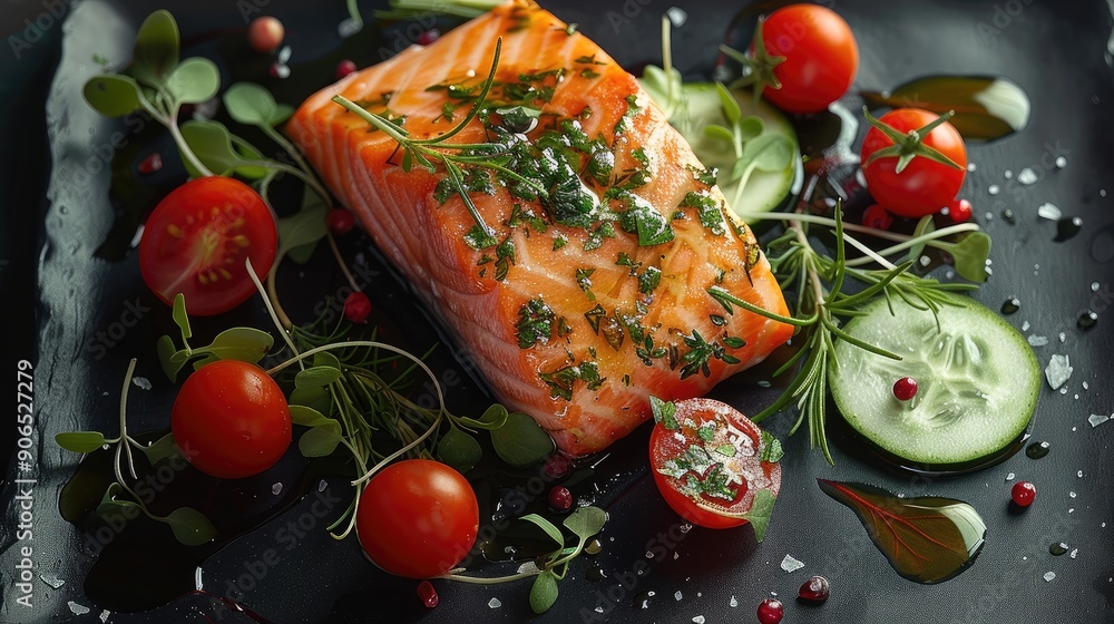 Salmon vegetables herbs plate food dark background. top view. Generative AI. Salmon vegetables herbs plate food dark background. top view. Generative AI.