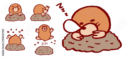 穴から顔を出したかわいいモグラのキャラ素材