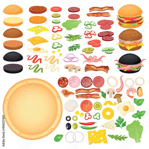 Vector cartoon image of hamburger and pizza with ingredients. Fast food and tasty food concept. Elements for your design. Banner for website, leaflets, etc.