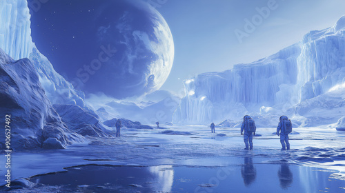 Four astronauts are depicted exploring an icily dramatic alien landscape with towering glaciers, all under the haunting light of a nearby planet.