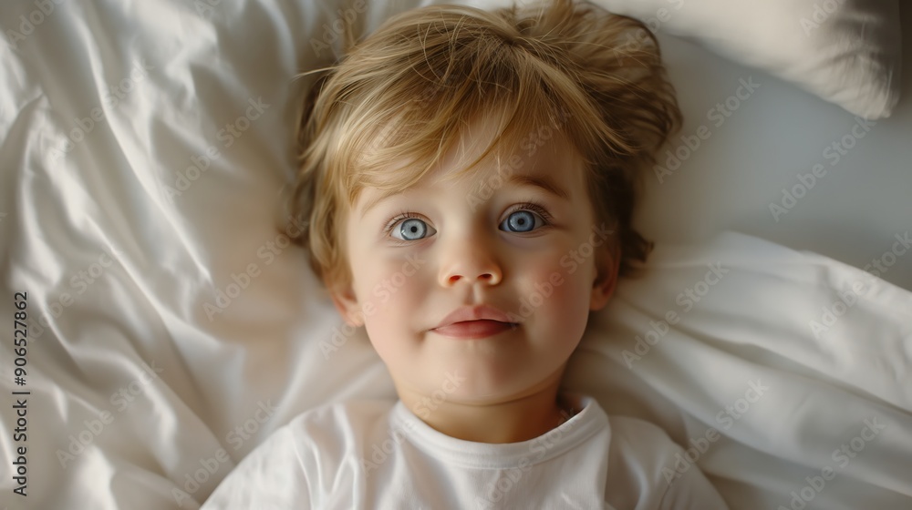 cute little boy with blue eyes, blond hair and white t-shirt lying in bed looking up at the camera, close-up shot from above, high angle view, soft lighting cute little boy with blue eyes, blond hair and white t-shirt lying in bed looking up at the camera, close-up shot from above, high angle view, soft lighting