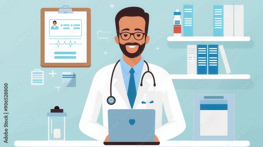Smiling doctor in white coat working on laptop in medical office. Smiling doctor in white coat working on laptop in medical office.