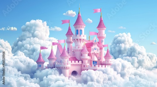 A castle is shown in the sky with clouds