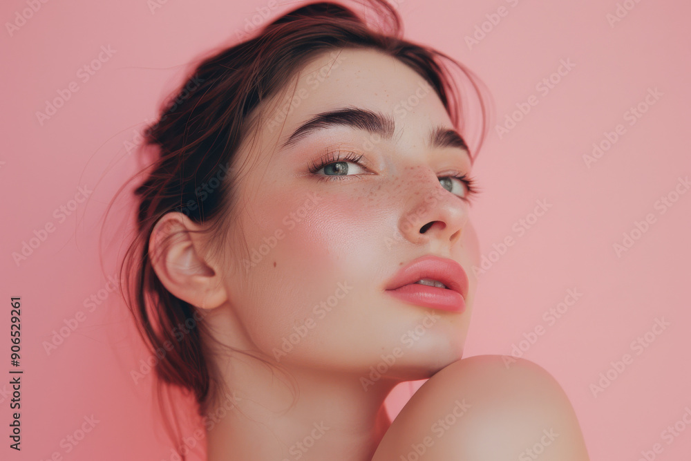 Portrait of a young woman against a pink background, showcasing flawless skin, subtle makeup, and an elegant pose, exuding confidence and charm. Portrait of a young woman against a pink background, showcasing flawless skin, subtle makeup, and an elegant pose, exuding confidence and charm.
