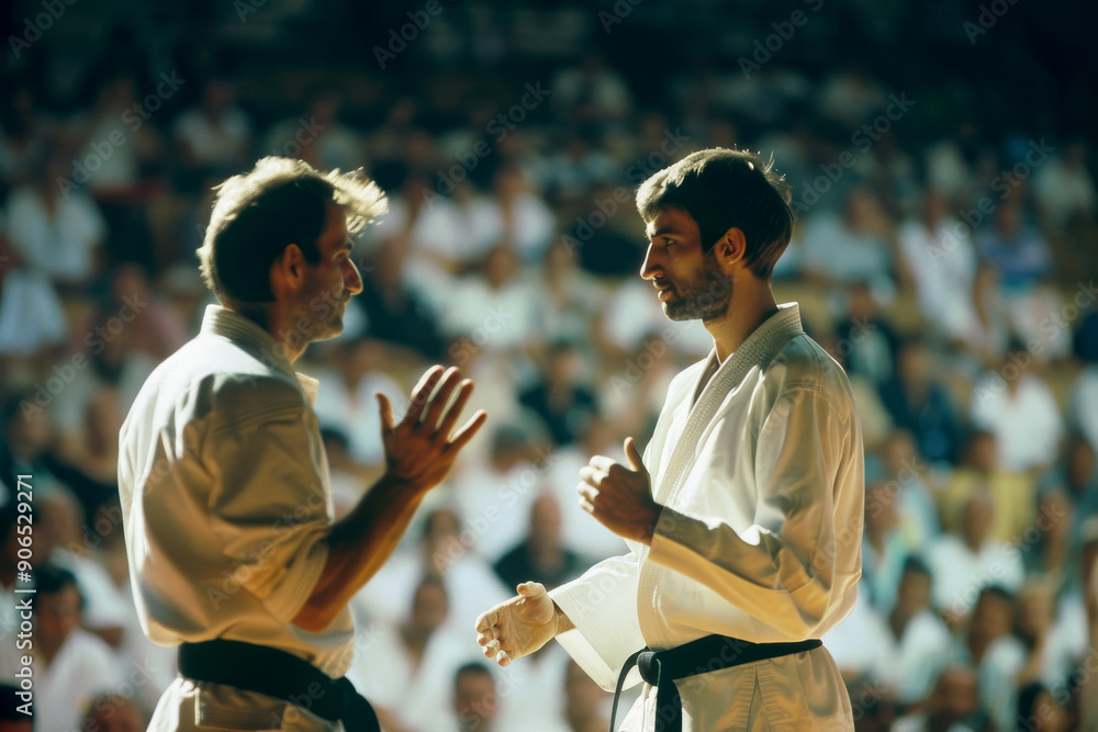 Obraz premium Martial artist signals the beginning of the match in a brightly lit arena under a golden sunset, with focused eyes on the competitors.