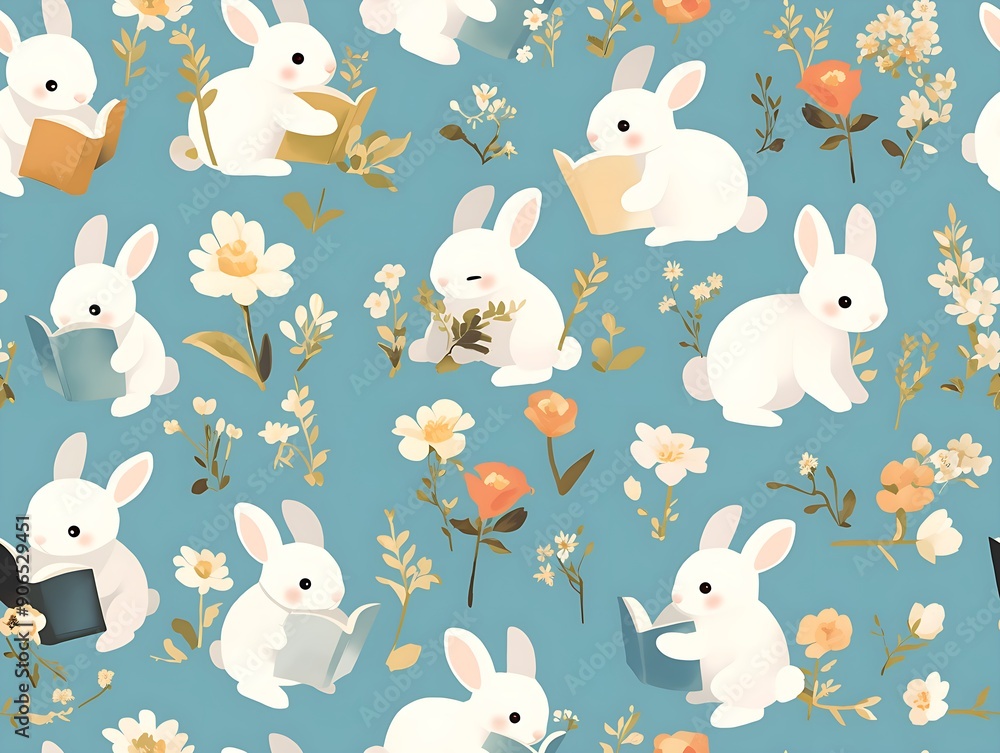 Cute and elegant bunny reading a book seamless pattern Cute and elegant bunny reading a book seamless pattern