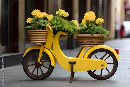 Potted yellow flower stand like a small bike Generative AI