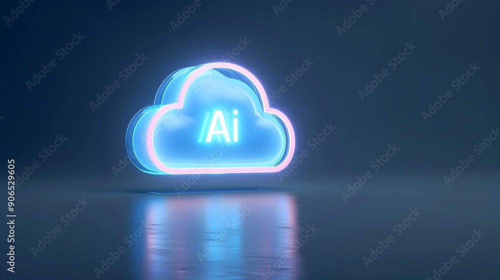 Glowing neon cloud icon with AI text showcasing artificial intelligence and cloud computing on a sleek dark background. Glowing neon cloud icon with AI text showcasing artificial intelligence and cloud computing on a sleek dark background.