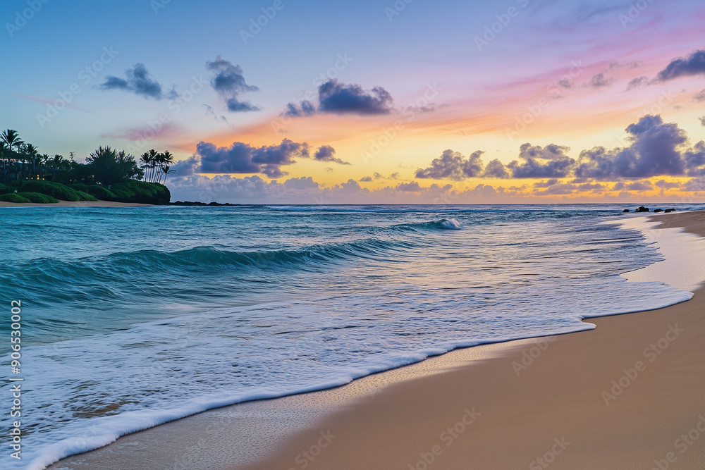 Fototapeta premium A serene beach scene at sunset with a colorful sky and calm ocean waves