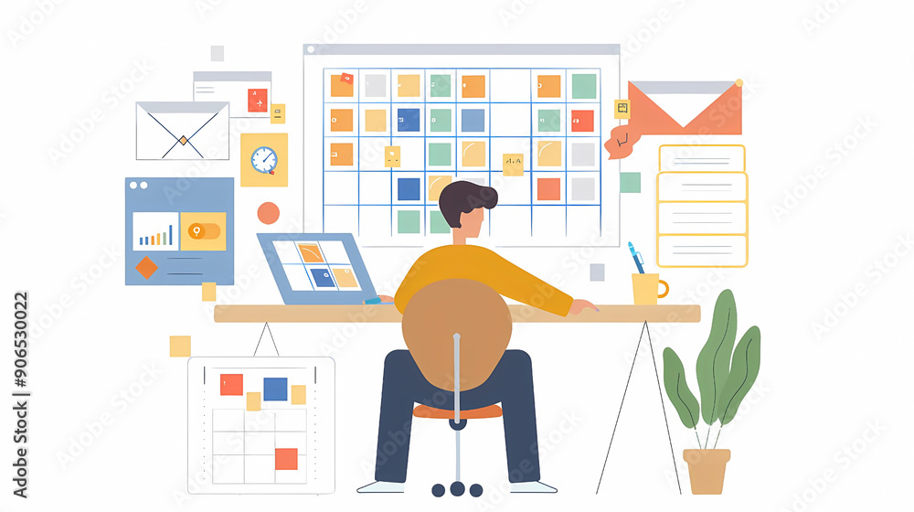 Fototapeta premium Minimalist Illustration of Man Using Tablet to Manage Schedule