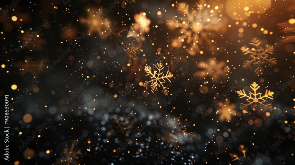 Fototapeta premium Bokeh lights with glittering golden light effects and falling snowflakes on a black background. Perfect for elegant designs with copy space for text.