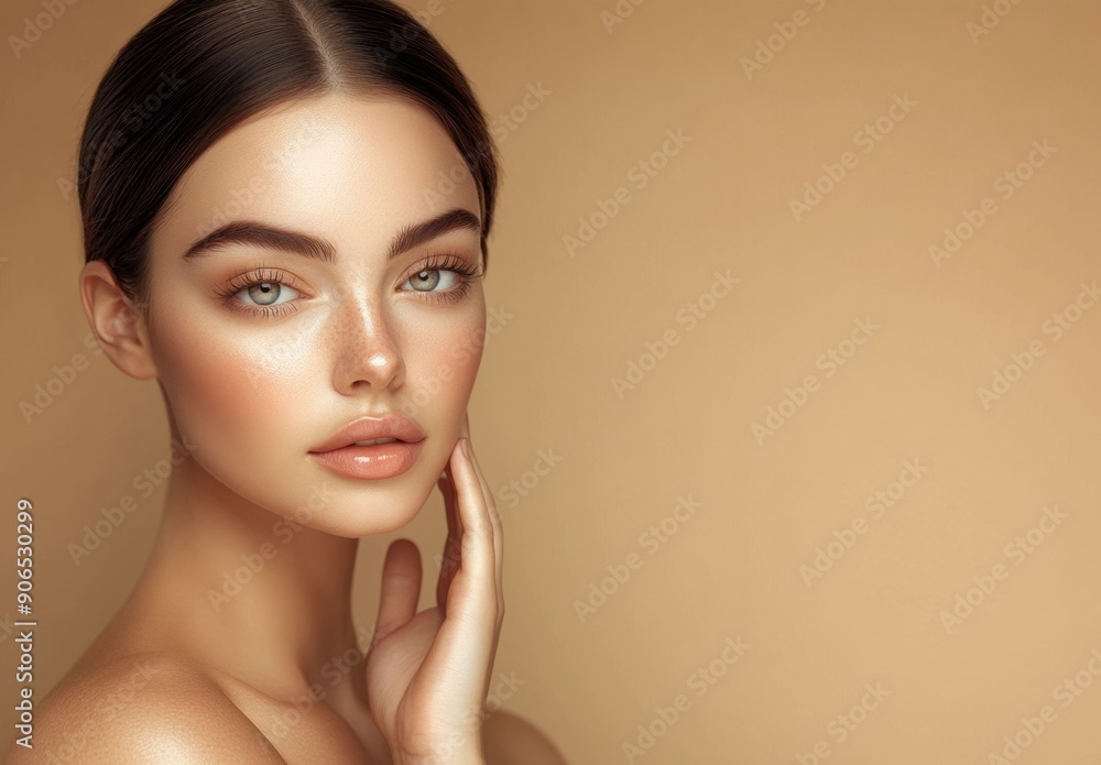 A beautiful female model with a fresh skin tone, posing for the camera over a beige background, close up shot, professional photoshoot A beautiful female model with a fresh skin tone, posing for the camera over a beige background, close up shot, professional photoshoot