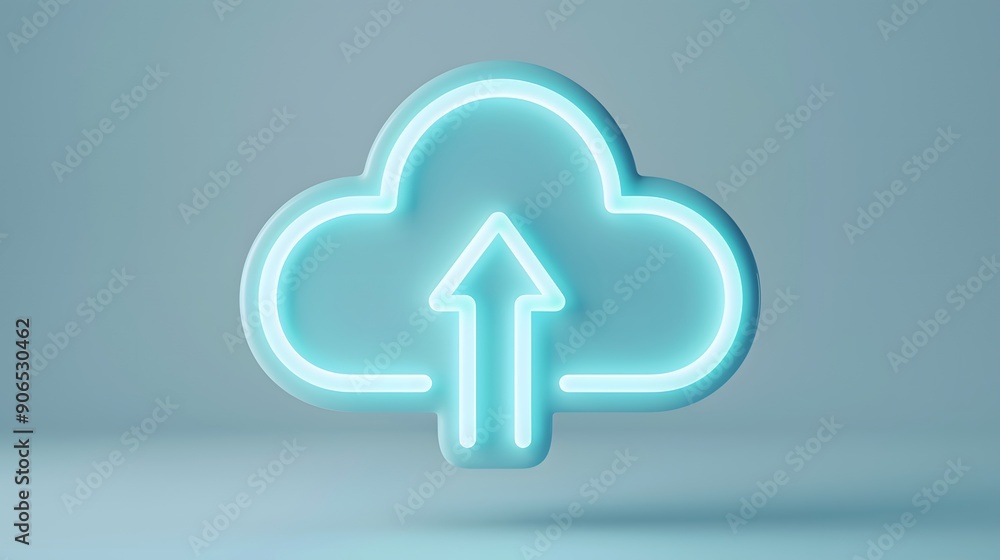 Neon blue cloud upload icon representing cloud computing and data transfer in a modern, minimalistic style with a light background. Neon blue cloud upload icon representing cloud computing and data transfer in a modern, minimalistic style with a light background.